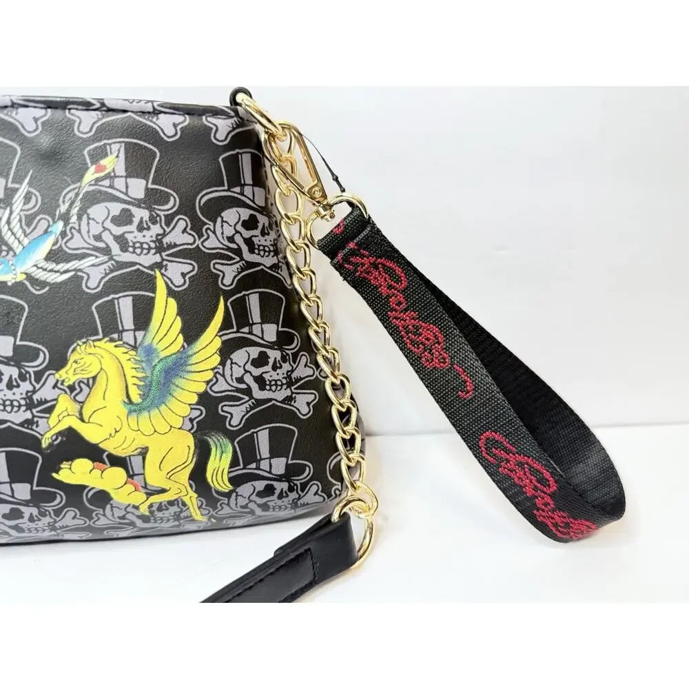 Ed Hardy Black Striking Tiger Tattoo Art With Rhinestones Shoulder Bag w/Charms